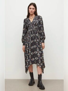 AllSaints Black Butterfly design V-Neck Long Sleeve Midi Dress